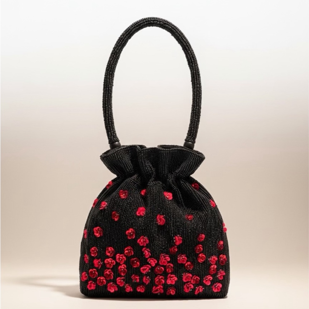 NEW Hand-Beaded Black Evening Bag with Red Sequin Floral Details